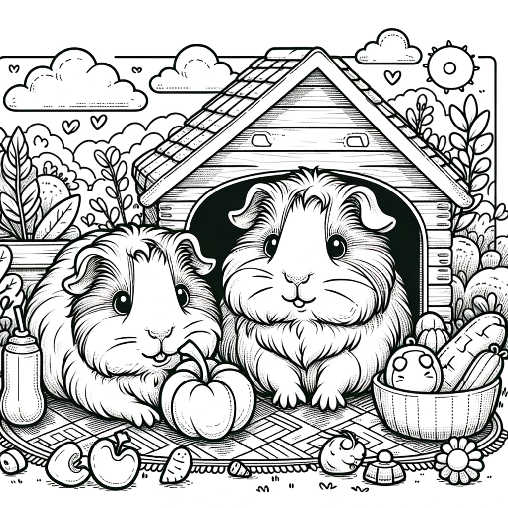 A coloring page for children featuring a charming scene with guinea pigs.