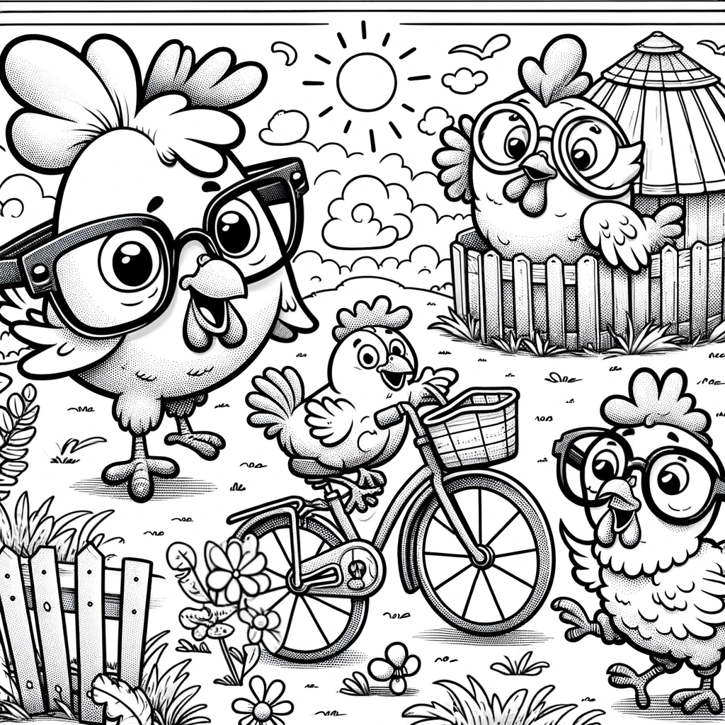 A coloring page for children featuring a comical scene with chickens