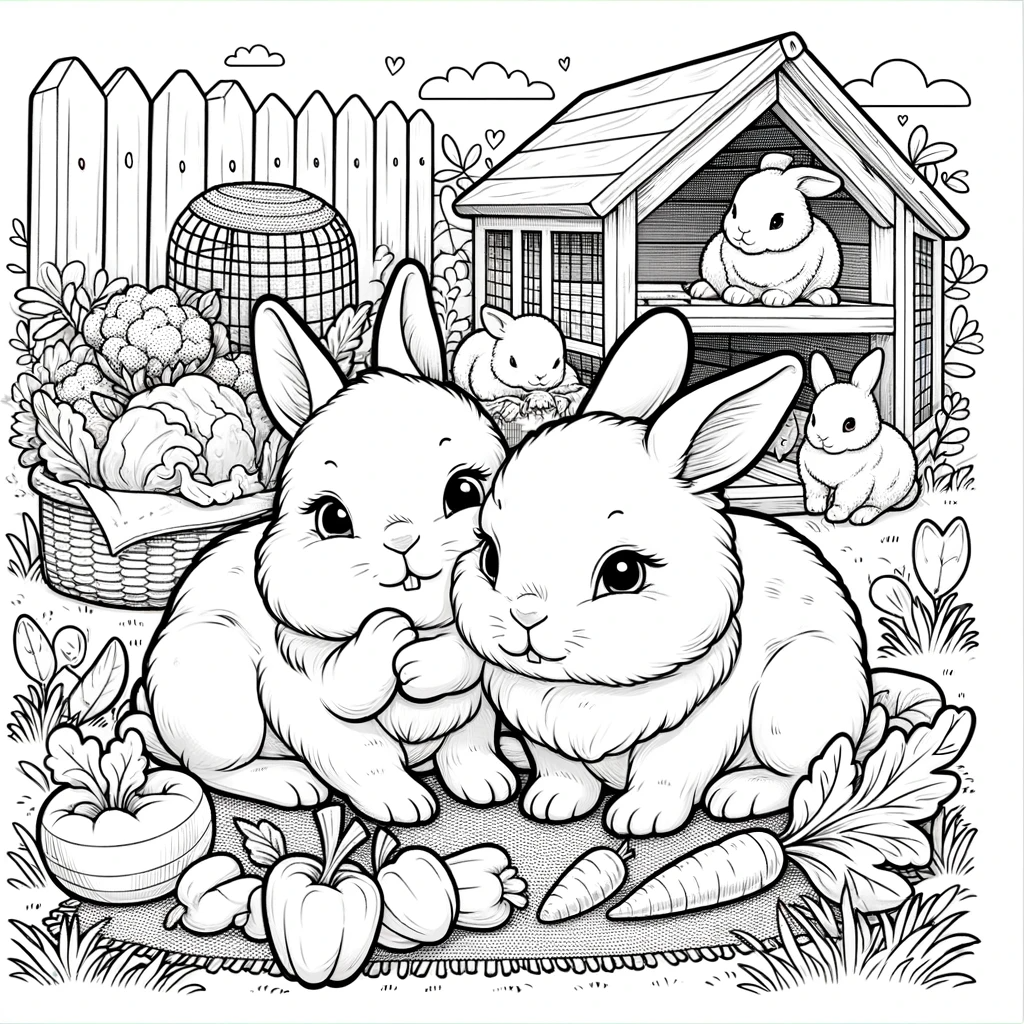 A coloring page for children featuring a heartwarming scene with pet rabbits looking cute.