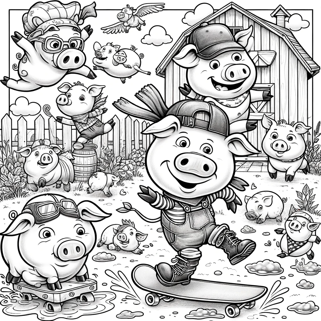 A coloring page for children featuring a whimsical scene with some 'crazy' pigs.