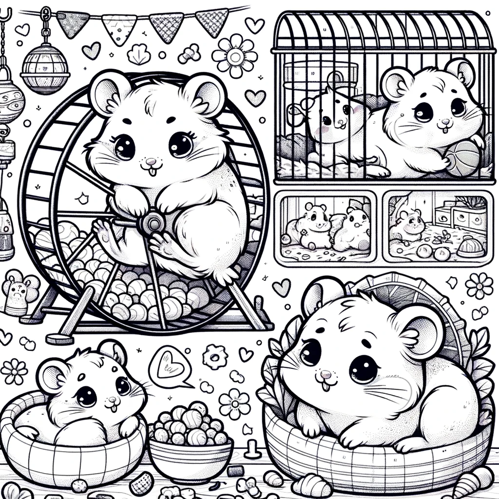 A coloring page for children featuring an adorable scene with hamsters.