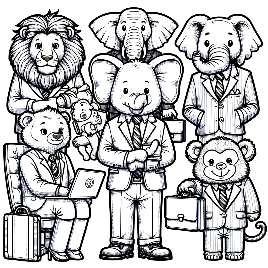 A line drawing coloring page for children, titled 'Business Animals', featuring various animals dressed in formal business attire.