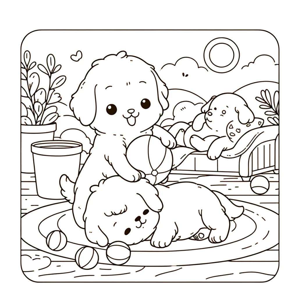 A simple line drawing coloring page for children, featuring a heartwarming scene with pet dogs.