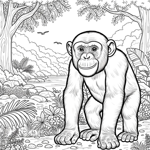 Chimpanzee in Nature Children&#8217;s Coloring Page