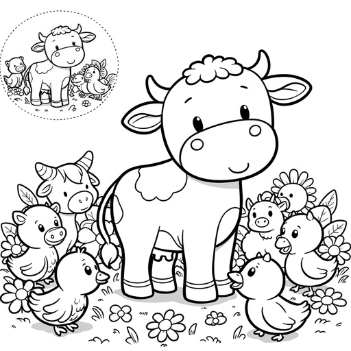 Cow with Farm Friends Children&#8217;s Coloring Page