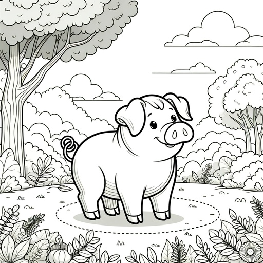 Pig in Nature Children&#8217;s Coloring Page