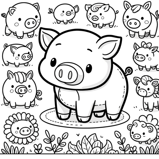 Pig with Farm Friends Children&#8217;s Coloring Page