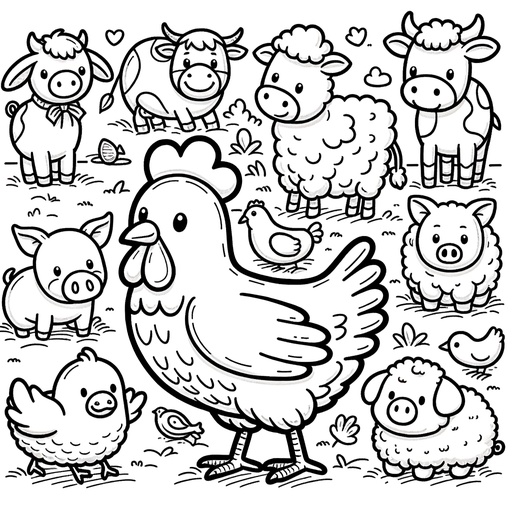 Chicken with Farm Friends Children&#8217;s Coloring Pages