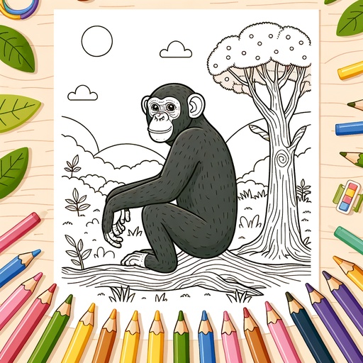 Chimpanzee in Nature Children&#8217;s Coloring Page