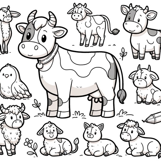 Cow with Farm Friends Children&#8217;s Coloring Page