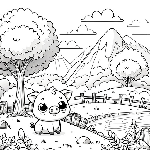 Pig in Nature Children&#8217;s Coloring Page