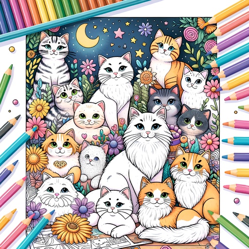 Pet Cat with Animal Friends Coloring Page