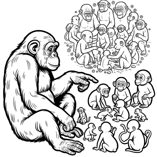 Chimpanzee with Friends Children&#8217;s Coloring Page