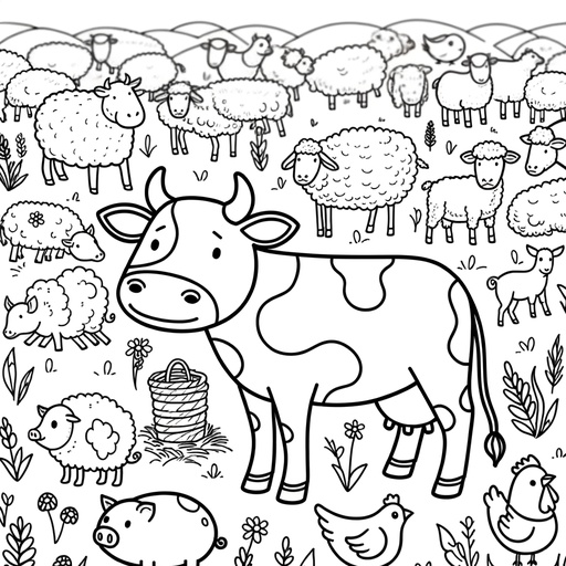 Cow with Farm Friends Children&#8217;s Coloring Page