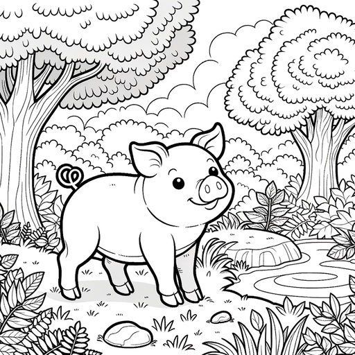 Pig in Nature Children&#8217;s Coloring Page