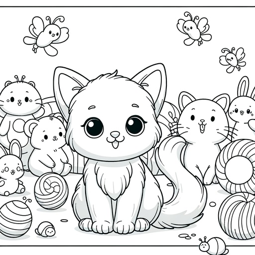 Pet Cat with Animal Friends Coloring Page