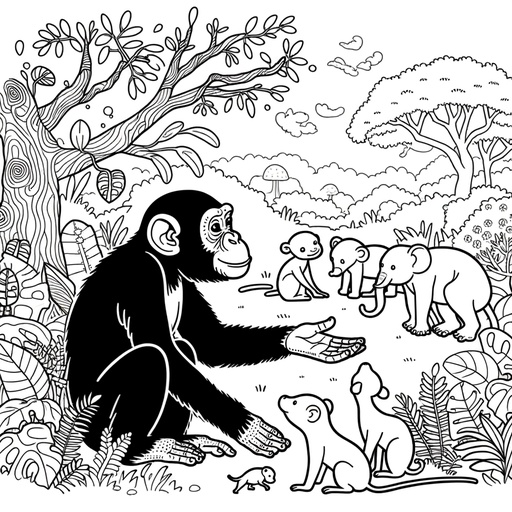 Chimpanzee with Friends Children&#8217;s Coloring Page