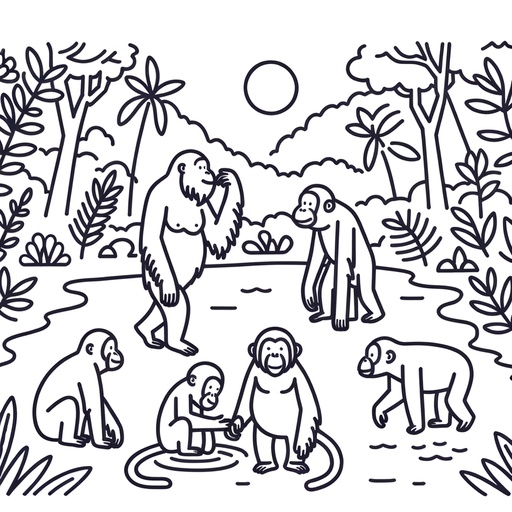 Orangutan with Friends Children&#8217;s Coloring Page