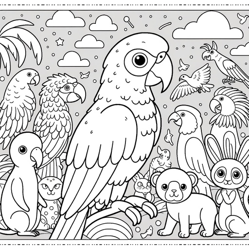 Parrot with Friends Children&#8217;s Coloring Page