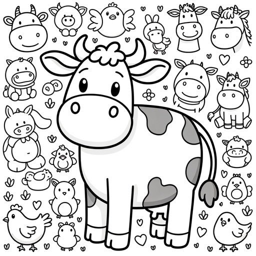 Cow with Farm Friends Children&#8217;s Coloring Page