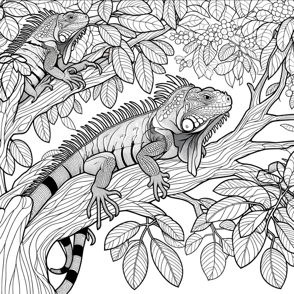 A coloring page for children featuring a couple of iguanas in a tree.