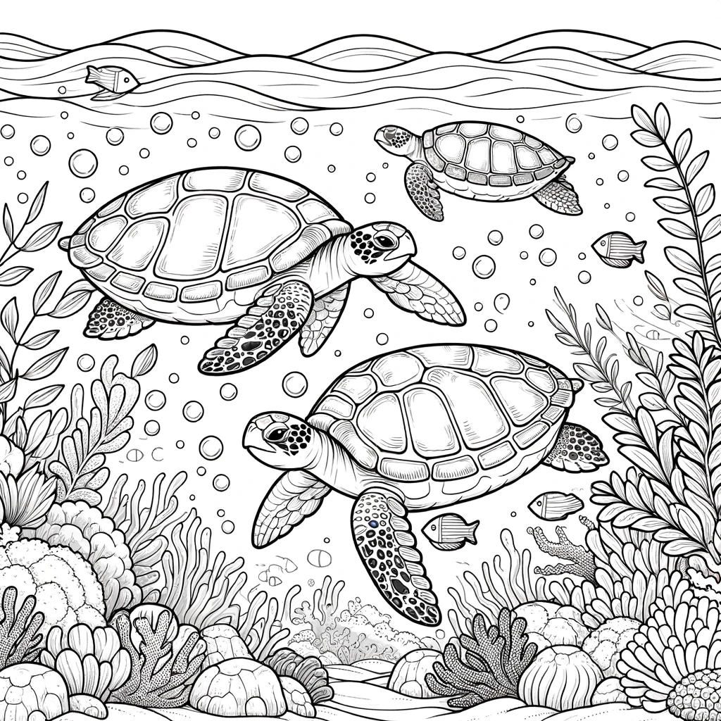 A coloring page for children featuring a scene with turtles swimming together. T