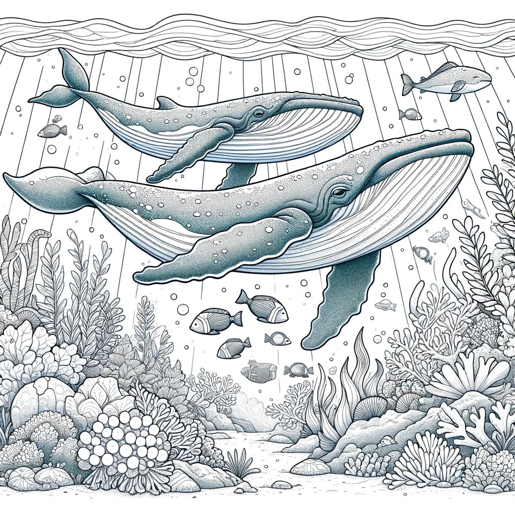 A coloring page for children featuring a scene with whales swimming together.