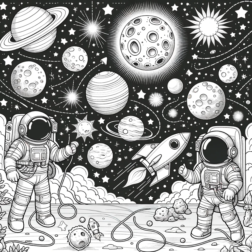 A coloring page for children featuring a space scene without astronauts.