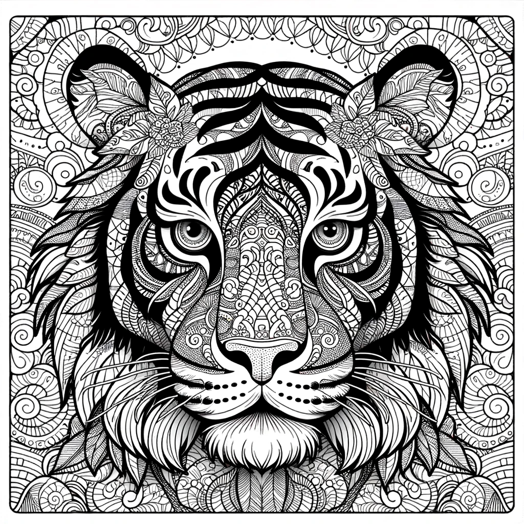 A coloring page for children featuring a tiger's face with mindful patterns.