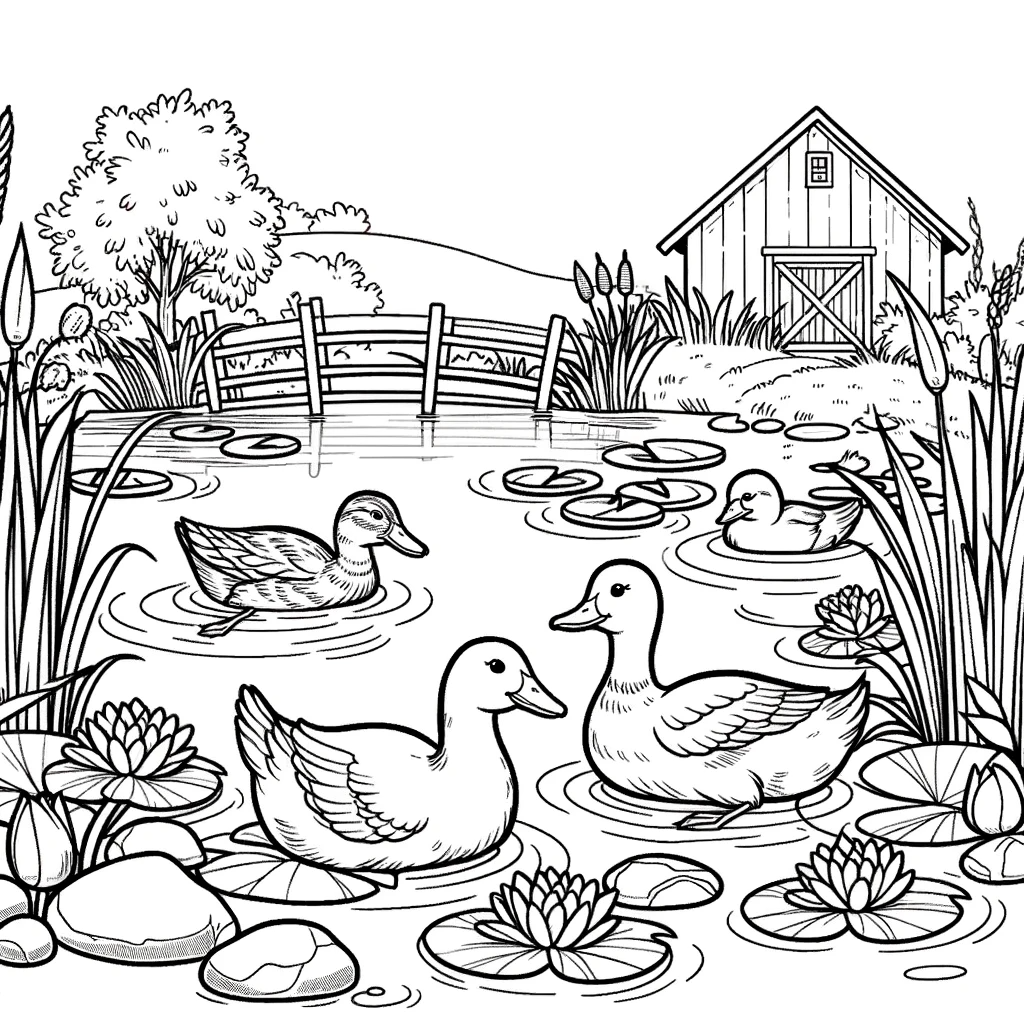 A simple line drawing coloring page for children, featuring a farm pond scene with ducks.