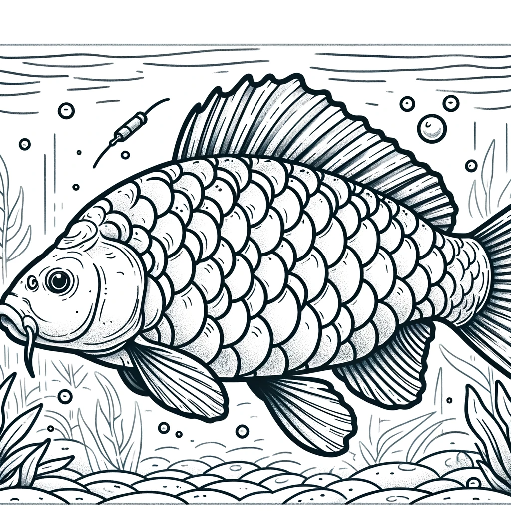 A simple line drawing coloring page for children, featuring a mirror carp with large scales.