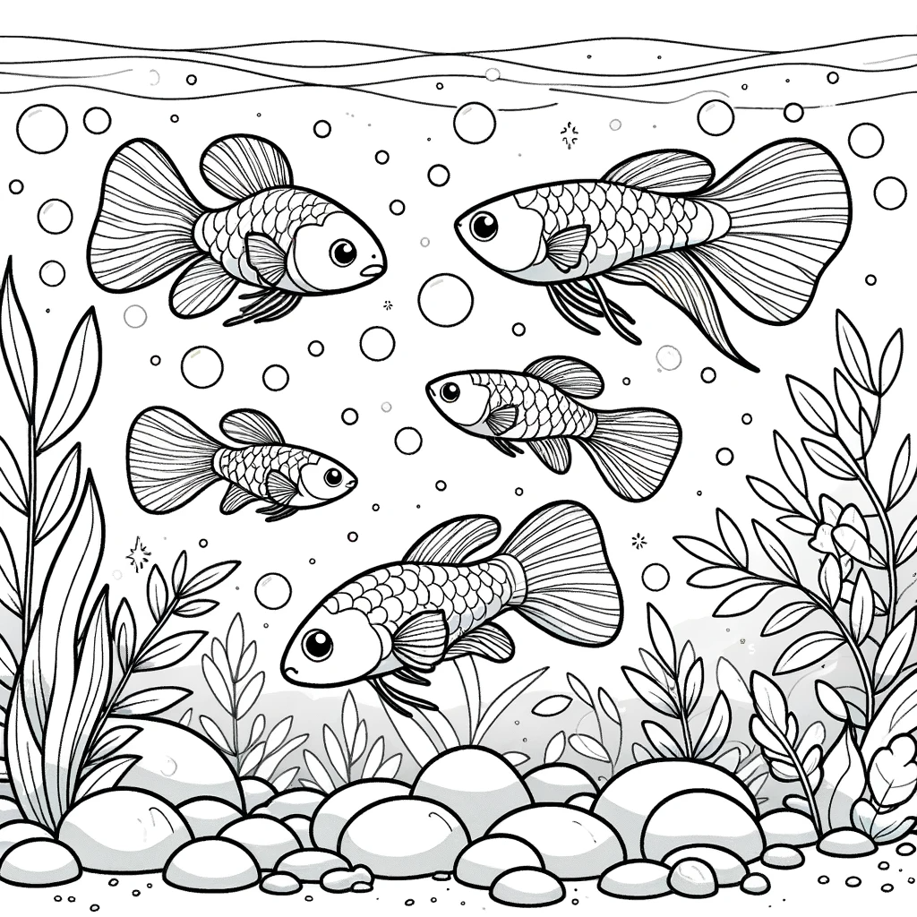 A simple line drawing coloring page for children, featuring a scene with a number of guppies