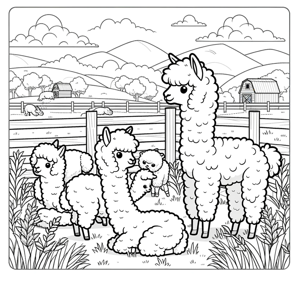 A simple line drawing coloring page for children, featuring a scene with alpacas in a field on a farm.