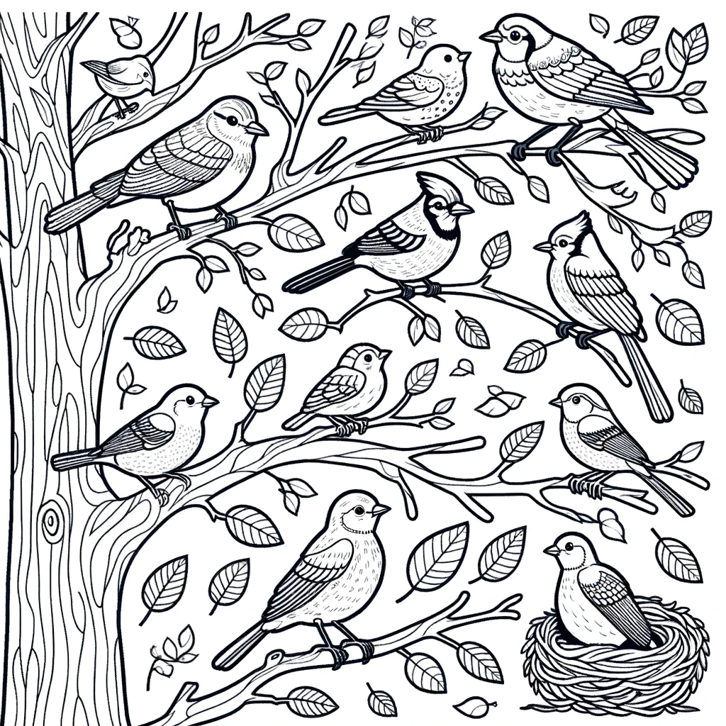 A-simple-line-drawing-coloring-page-for-children-featuring-a-scene-with-different-types-of-birds-in-a-tree