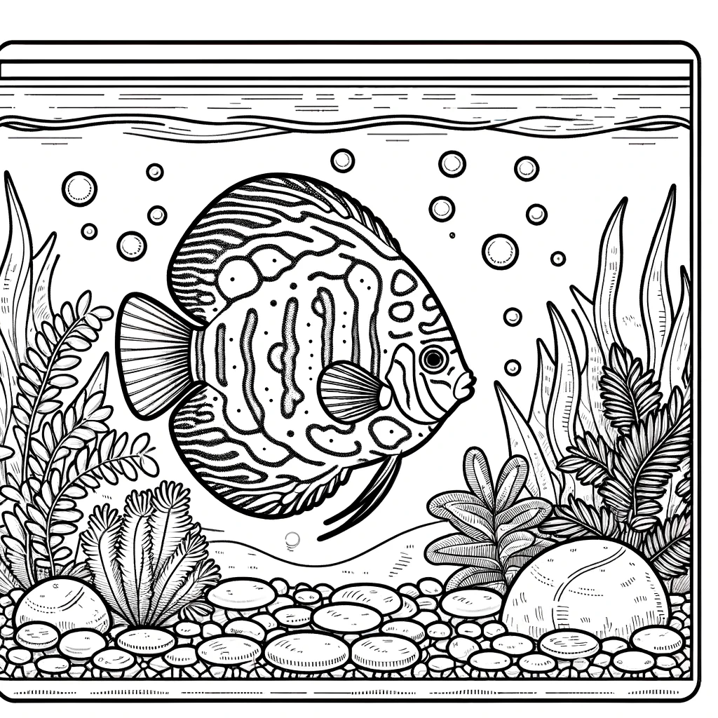 A simple line drawing coloring page for children, featuring a scene with discus fish in a tank.