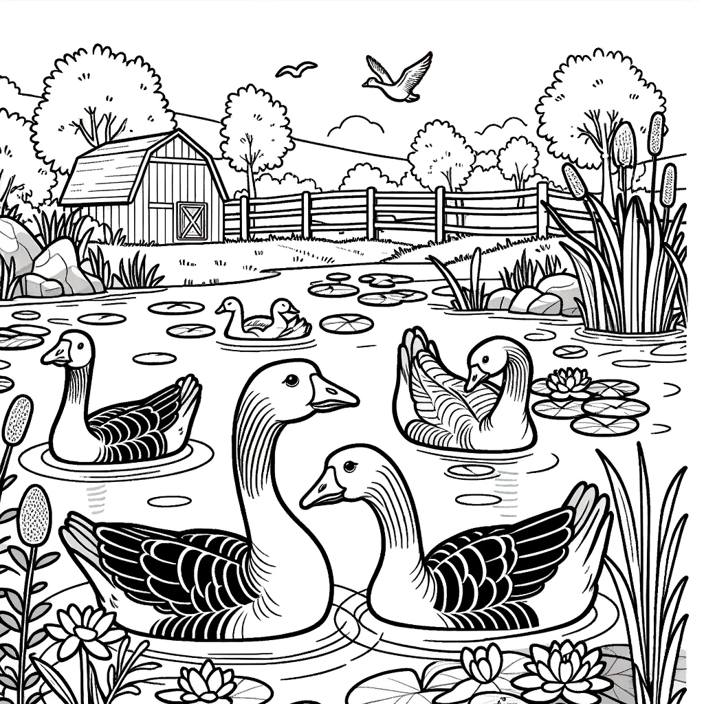 A simple line drawing coloring page for children, featuring a scene with geese on a farm pond.