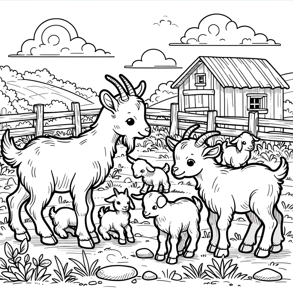 A simple line drawing coloring page for children, featuring a scene with goats.