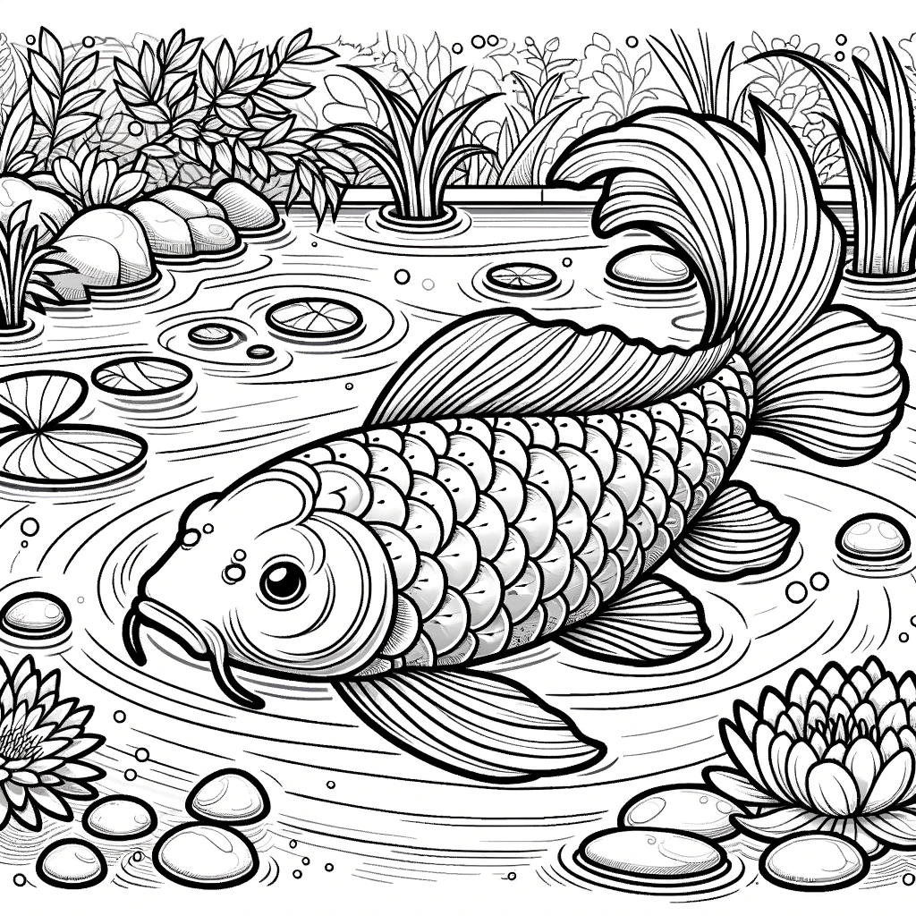 A simple line drawing coloring page for children, featuring a scene with koi carp.