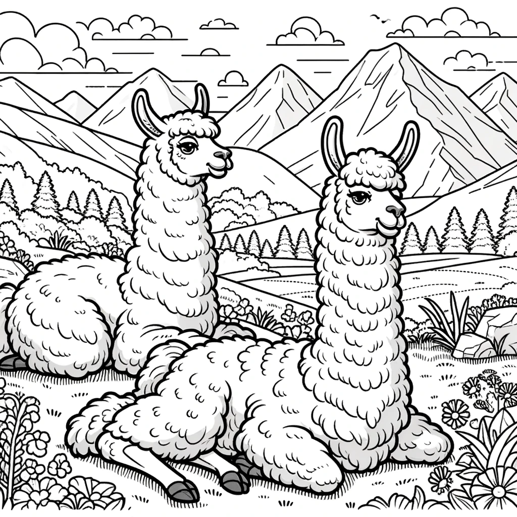 A simple line drawing coloring page for children, featuring a scene with llamas.