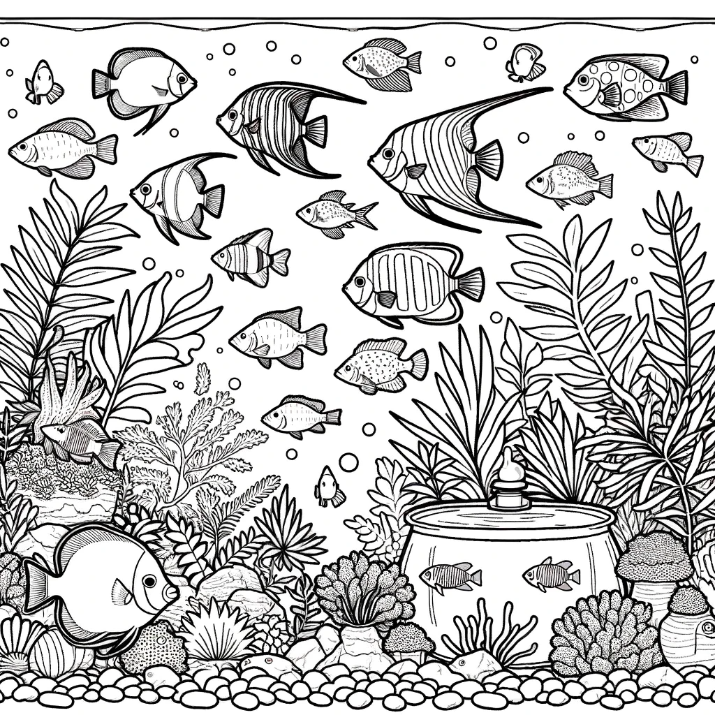 A simple line drawing coloring page for children, featuring a tropical fish tank with various fish.