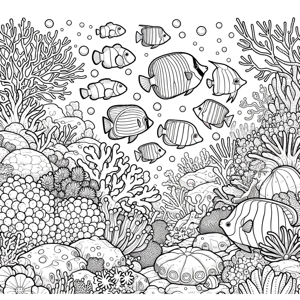 A simple line drawing coloring page for children, featuring an underwater coral reef scene with various fish.