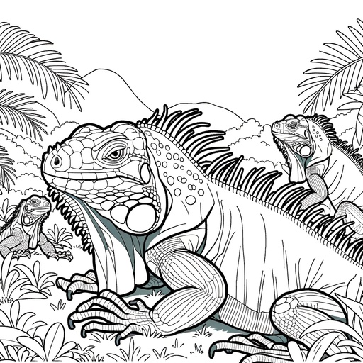 Iguana with Jungle Friends Coloring Page