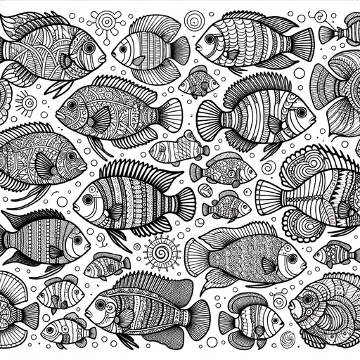 Zentangle Shoal of Cichlids Coloring Page