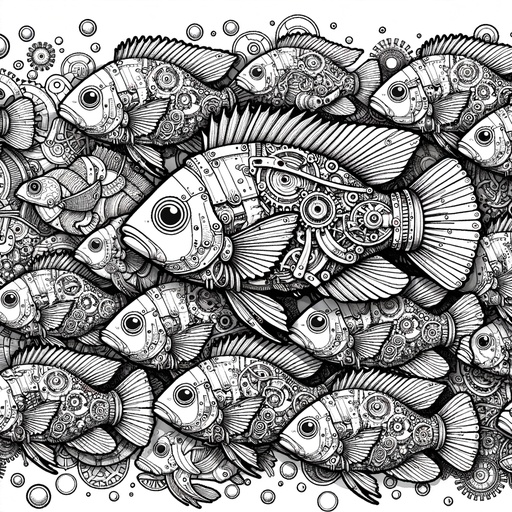 Steampunk Shoal of Cichlids Coloring Page