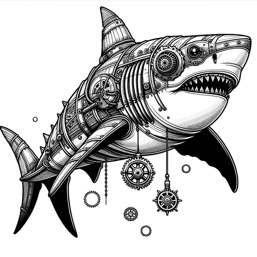 Steampunk Great White Shark Coloring Page