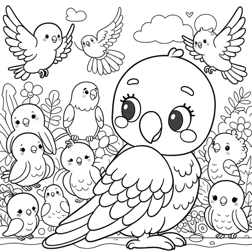 Parakeet with Bird Friends Coloring Page