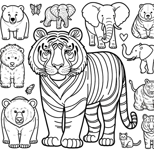 Tiger with Jungle Friends Coloring Page