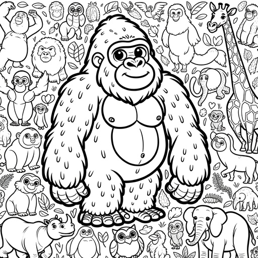 Gorilla with Jungle Friends Coloring Page