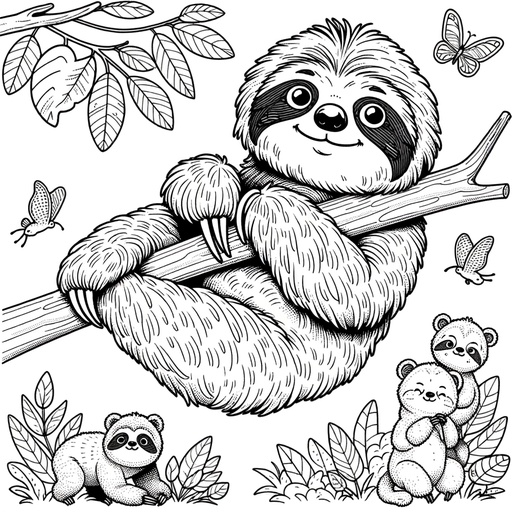 Sloth with Jungle Friends Coloring Page