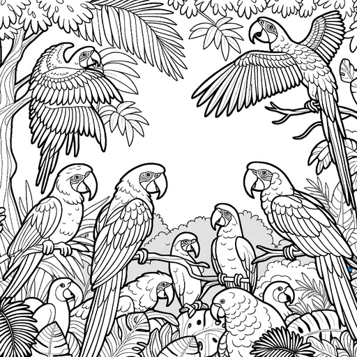 Macaw with Jungle Friends Coloring Page